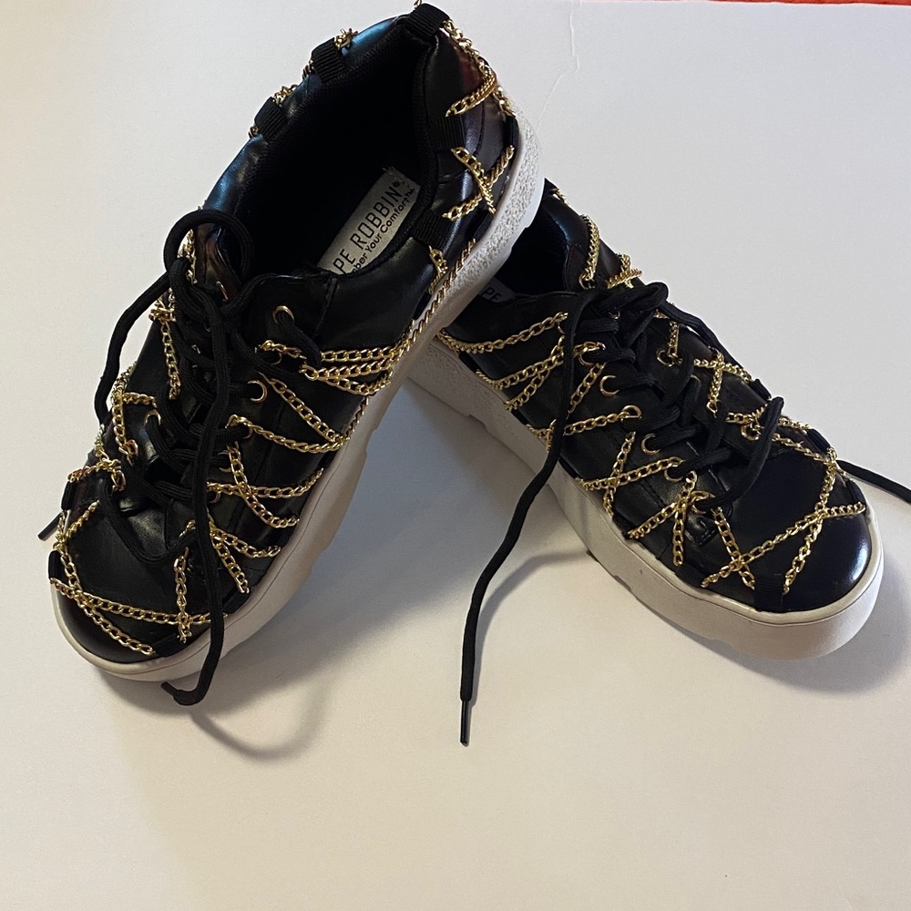 Cape Robbin Black Sneakers with Gold Chain Detailing size 7
